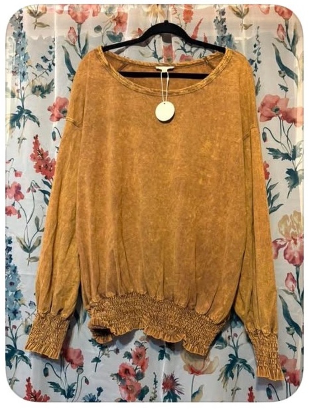 ODDY Mustard Mineral-Wash Smocked Hem Pullover